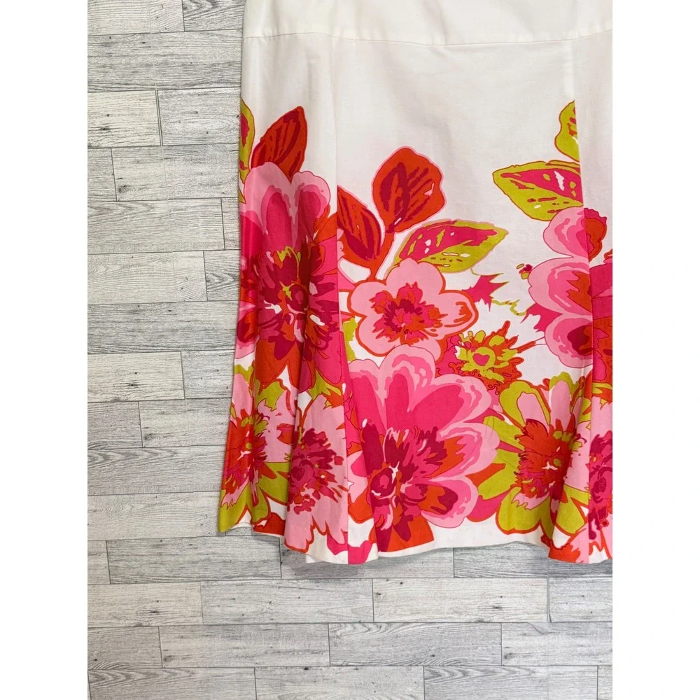 Floral A-Line Skirt Pink Orange Chartreuse White Cotton Blend Sz 14 Knee Length